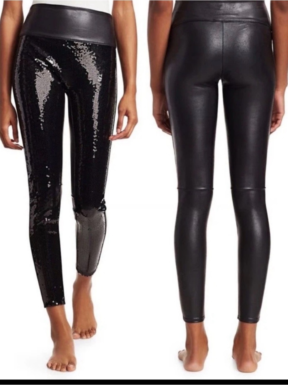 Spanx Faux Leather Sequin Leggings Sz M Black Metallic Shine Contour Party Ready